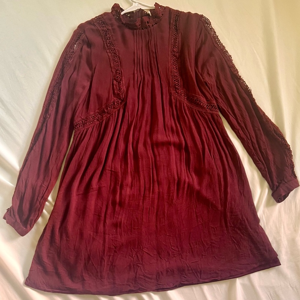 Burgundy Blu Pepper Long Sleeve Dress with Lace Details